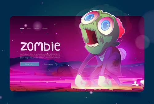 Zombie banner with scary monster, green undead character. Vector landing page with cartoon illustration of creepy dead man with brain and dangling arms walking on river coast at night