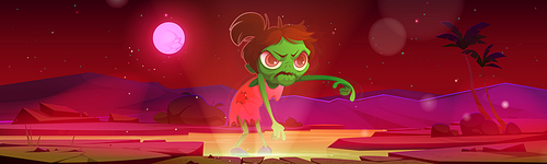 Scary zombie girl walk on river coast at night. Creepy Halloween background. Vector cartoon fantasy illustration of angry undead woman, green monster with dangling arms