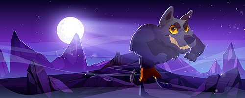 Spooky werewolf, wolf monster at night. Vector Halloween background with cartoon stone wasteland landscape with mountains, full moon in sky and scary lycanthrope