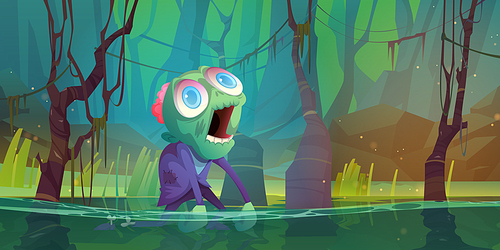 Zombie Halloween character in scary forest swamp. Cartoon eerie personage, dead monster with green skin, torn dirty clothes walk knee-deep in water at mystery wood landscape, Vector illustration