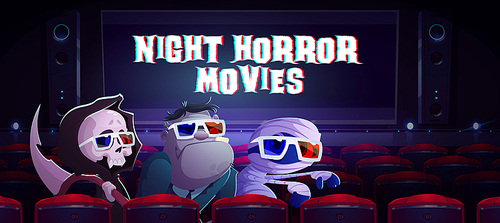 Night horror movies cartoon banner with funny monsters sitting in cinema hall. Cute grim reaper with scythe, zombie and mummy halloween personages wear 3d glasses watching film, Vector illustration