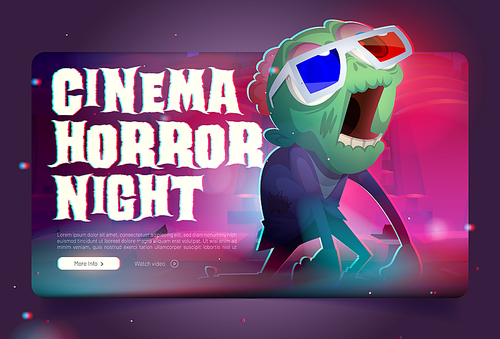Cinema horror night landing page, cartoon template. Vector illustration of crazy zombie creature in 3d glasses on website. Scary movie festival announcement. Invitation for entertainment event