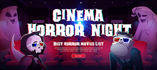 Poster of cinema horror night in movie theater. Vector poster of creepy films festival with cartoon illustration of cinema hall interior with seats, monsters in 3d glasses and ghosts