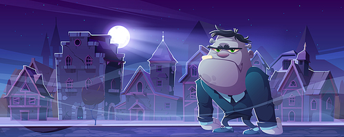Frankenstein cartoon halloween character at night antique city street. Creepy zombie monster at midnight town with old stone half-timbered houses under moonlight glow, Vector illustration