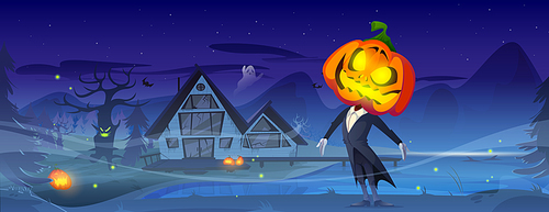 Creepy jack-o-lantern cartoon character standing near haunted house. Halloween night vector illustration. Man in jacket with carved pumpkin on shoulders, scary ghosts flying around spooky place