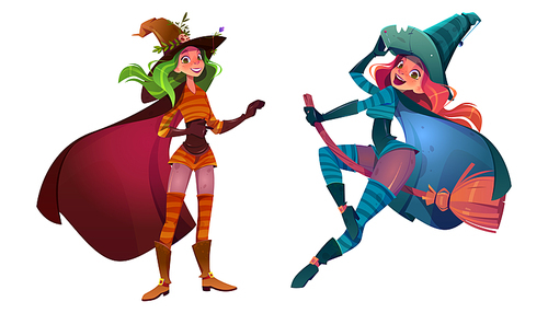 Beautiful young women in witch costumes with cape and hat isolated on white . Vector cartoon illustration of Halloween characters, magician girls flying on broom