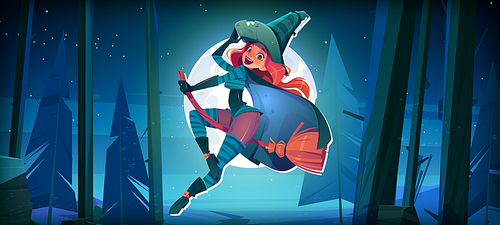 Beautiful witch flying on broom. Halloween cartoon character wear magician hat and costume in dark forest on full moon background. Sexy enchantress fly on broomstick in night sky, Vector illustration