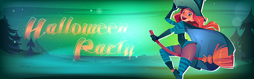 Halloween party poster with pretty witch girl flying on broom at night. Vector banner with cartoon fantasy illustration of young woman in sorceress costume and dark forest landscape