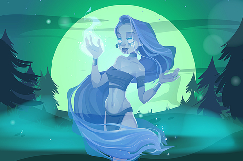 Magic woman ghost in night forest, creepy nymph with bleeding eyes and fire on hand at full moon landscape Halloween scene. Scary witch wrapped in long hair, dead character Cartoon vector illustration