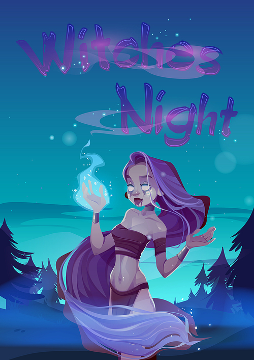 Witch night poster with spooky wizard girl hold magic blue fire in hand. Vector Halloween banner with cartoon scary illustration of sorceress character in forest at night