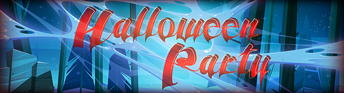 Halloween party cartoon banner with night creepy wood, spider webs and mysterious glow, red bloody typography on horizontal background with scary forest, spruce trees in darkness, Vector illustration