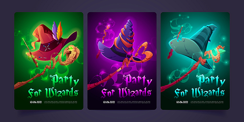 Party for wizards cartoon invitation flyers with witch hats, glowing wands and staffs. Halloween poster templates for magician event celebration, costume party for sorcerers and mages vector banners