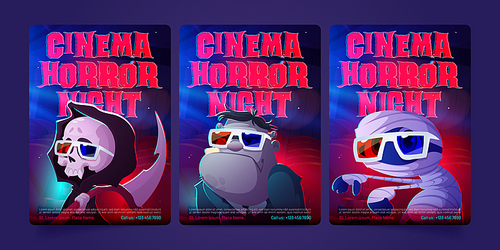 Night horror movies cartoon flyers with funny monsters grim reaper with scythe, zombie and mummy wear 3d glasses. Invitation for cinema festival with spooky halloween personages, Vector illustration