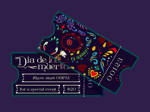 Dia de los muertos cartoon tickets template. Mexican Day of the dead party or special event pass coupons in traditional alebrije style, holiday of Mexico celebration show program, Vector illustration