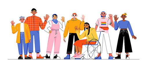 group of multiracial people, girl in ., lgbt person and elderly woman . concept of multiracial and multicultural community. vector flat illustration of diverse characters