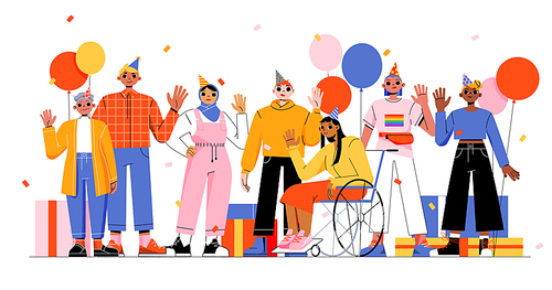 Diverse people waving hands on birthday party. Happy characters, girl in wheelchair, muslim woman, lgbt person celebrate holiday together. Vector flat illustration of friends, balloons and gift boxes