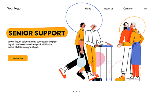 Senior support landing page. Volunteers help and care old people. Young assistants walk and shopping with pensioners. Social worker service, nursing house or hospice aid, Linear flat vector web banner