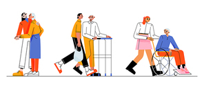 volunteers helping senior people with disability walk, go shopping, ride . cartoon flat illustration set. young men and women taking care of happy elderly relatives. family support concept