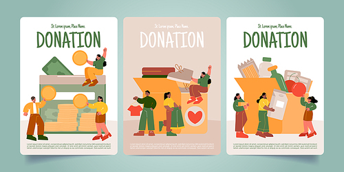 Donation posters with people donate food, money and clothes to box. Charity event to help poor persons in shelter. Volunteers fight with hunger, reduce poverty, social support Line art vector banners