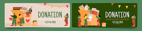 Donation banners with people give clothes and food for charity, humanitarian aid for homeless, poor and hunger. Vector posters with flat illustration of volunteers donate products in cardboard boxes