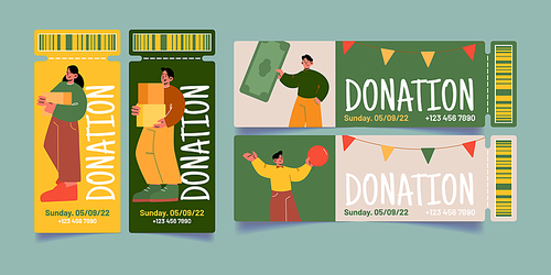 Tickets to donation event, volunteers charity promotion. People donate money, food and stuff to support projects of saving human lives, care and asistance, Line art flat vector promo coupon templates