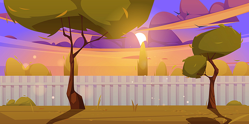 Backyard with fence, grass and trees at sunset. Vector cartoon illustration of empty suburb house yard, garden or park at evening. Autumn landscape with lawn and fencing