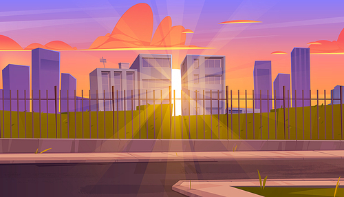 Sunset city skyline, urban background with sun shining behind of skyscrapers, green bushes, road and pathway along metal fence. Summertime evening cityscape, downtown area, Cartoon vector illustration
