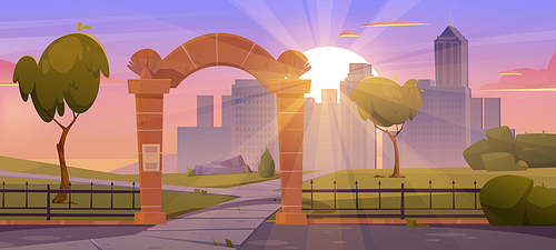 Summer landscape with stone arch entrance to public park, metal fence, green grass and trees at sunset. Vector cartoon illustration of city garden with archway portal, sun and buildings on skyline