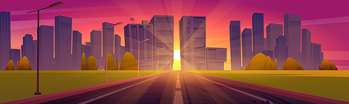 Road to city with buildings and skyscrapers on skyline at sunset. Vector cartoon illustration of summer landscape with empty highway, street lights, sun and modern town on horizon at evening
