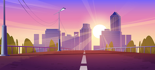 Overpass car road to city at sunset. Vector cartoon illustration of highway bridge with street lights, railings and summer cityscape with house buildings, skyscrapers, trees and sun at evening