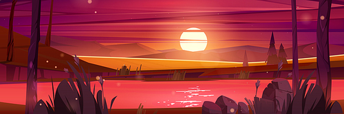 Sunset nature landscape, cartoon background trees and river at evening time. Scenery summer view with pond, spruces, grass and rocks under red sky with purple clouds natural scene, Vector illustration