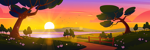 Cartoon nature landscape, summer sunset background with dirt road going along forest trees and green fields with flowers to lake under evening sky with fluffy clouds, scenery wood, Vector illustration