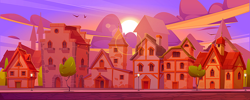 Medieval german street with half-timbered houses at sunset. Traditional european buildings in old town or village at evening. Vector cartoon landscape with fachwerk cottages and sun on purple sky