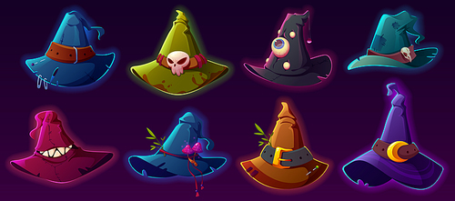 Scary witch and wizard hats for Halloween costume. Vector cartoon set of fantasy magic accessory for magician and sorceress. Old spooky pointed caps with buckles, eyes, belts and teeth