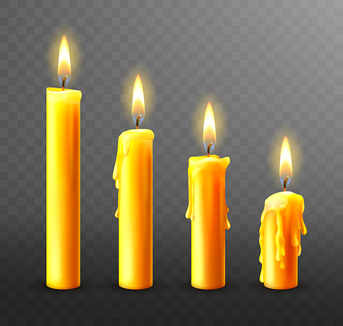 Burning candle with dripping or flowing wax, realistic vector illustration. Yellow candles with golden flame lit and melted wax isolated on transparent background. Church or Christmas collection