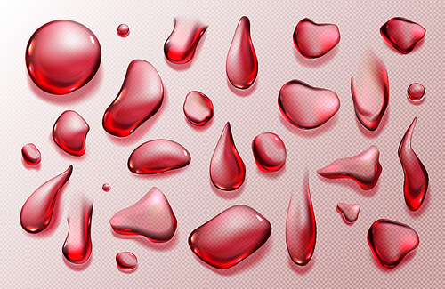 Clear drops of wine, fruit drink or blood isolated on transparent background. Vector realistic set of red water drips, strawberry or cherry juice liquid droplets