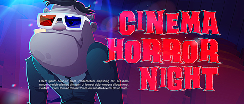 Cinema horror night banner with zombie character in 3d glasses. Vector poster of Halloween film festival with cartoon illustration of creepy monster and glitch effect of type