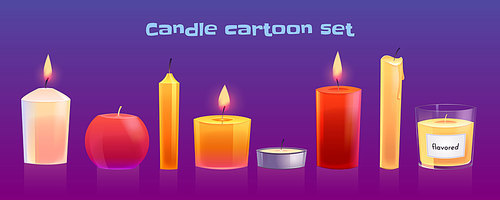 Set of cartoon candles of different shapes, extinct and burning lights in candlestick. Aromatic elements for spa, holidays, new year or christmas cards and romantic date, isolated vector illustration