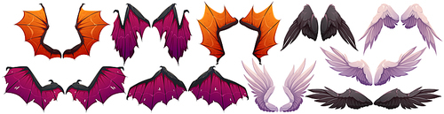 Wings of demon and angel Halloween collection. Dragon, bat, dove or vampire wing pairs. White and black ragged magic set for fantasy characters, isolated game elements, Cartoon vector illustration
