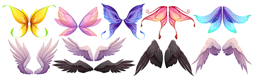 different wings of fairy, butterfly, bird, angel with black and white feathers. vector cartoon set of wings pairs of magic and fantasy characters and animals isolated on white