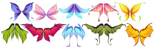 Wings of fairy, dragon or butterfly isolated set. Myth and fable creatures, birds or pixie different wing pairs. Colorful magic collection for rpg game fantasy characters, Cartoon vector illustration