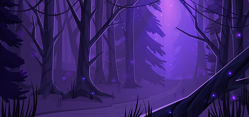 Night forest landscape with trees, road and glowworms shining in darkness. Wild wood natural background, dark mysterious place with plants under moonlight falling down, Cartoon vector illustration