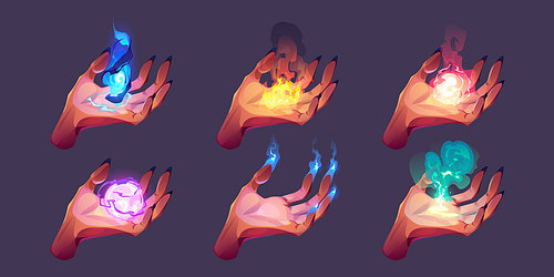 Witch hands with magic spells. Witchcraft, mystic ritual, esoteric concept. Vector cartoon set of female hands hold fire, magician ball, smoke and let out lightnings from nails