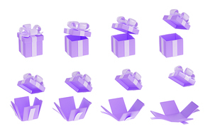 3d render gift boxes opening animation, closed and open purple present packs sprite sheet, sequence frame isolated on white. Holiday present surprise, Realistic rendering illustration