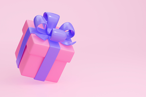 3D render pink gift box with purple ribbon, Isolated package with glossy violet bow on pastel background. Holiday present, bouns, prize, birthday, christmas or wedding surprise, Realistic illustration