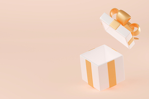 3D render open gift box with golden ribbon. Isolated package with pastel glossy bow on beige background. Holiday surprise, bouns, birthday, christmas or wedding present, Realistic illustration