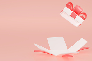 Open gift box, unfolded present package with red ribbon and bow. Concept of surprise, celebration of Christmas, birthday, holidays. 3d render illustration for greeting card