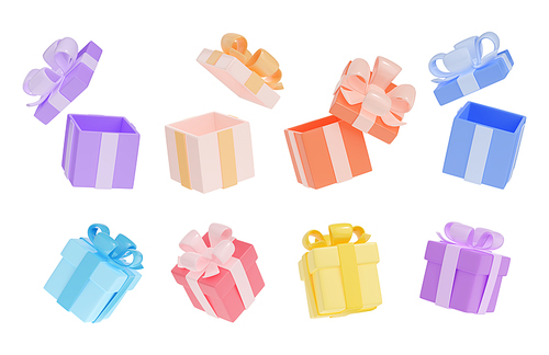 3D render set of open and closed gift boxes isolated on white. Colorful illustration of square packages for holiday presents decorated with ribbon bows. Shopping sale and discounts