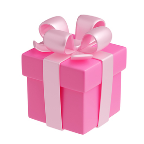 3D render gift box with pink ribbon. Isolated closed package with pastel glossy bow on white background. Holiday surprise, present for birthday, christmas or wedding, Realistic illustration angle view