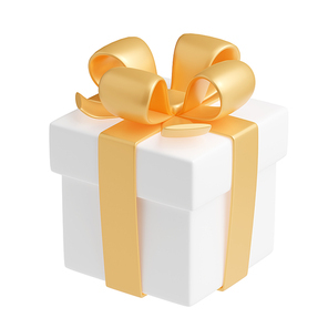 3D render gift box with golden ribbon. Isolated closed package with pastel glossy bow on white background. Holiday surprise, present for birthday, christmas, wedding, Realistic illustration angle view